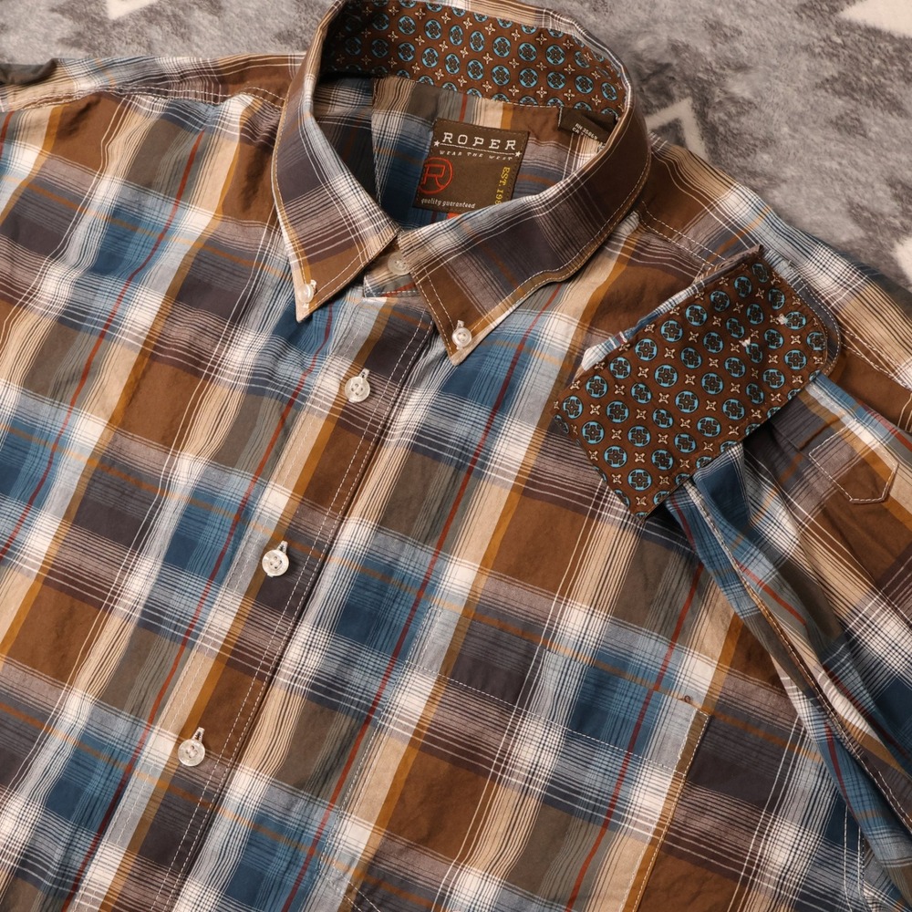 Roper Wear the West Mens XL Plaid Western Button Down Shirt Brown Blue 7021 BR